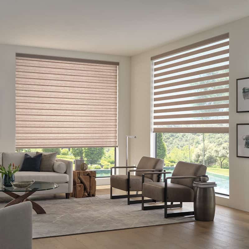 Dark beige zebra roller blinds with horizontal stripes in a modern living room, sunlight filtering through, stylish and functional window treatment, customized window coverings for home decor, superior blinds opt for natural light control.