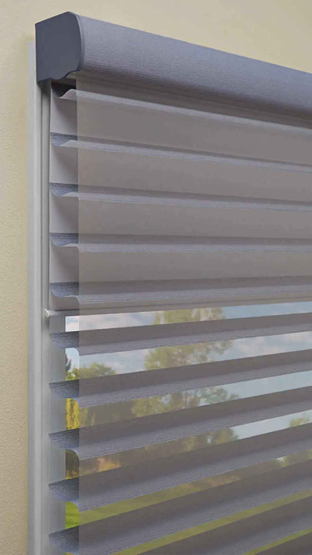 Gray and white horizontal window blinds with a blue top valance, providing light control and privacy, ideal for home or office decor.