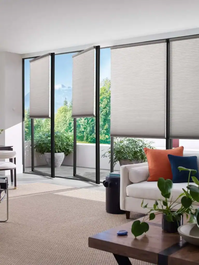 Light-filtering window blinds on a modern living room balcony overlooking greenery, providing privacy and style to residential spaces.