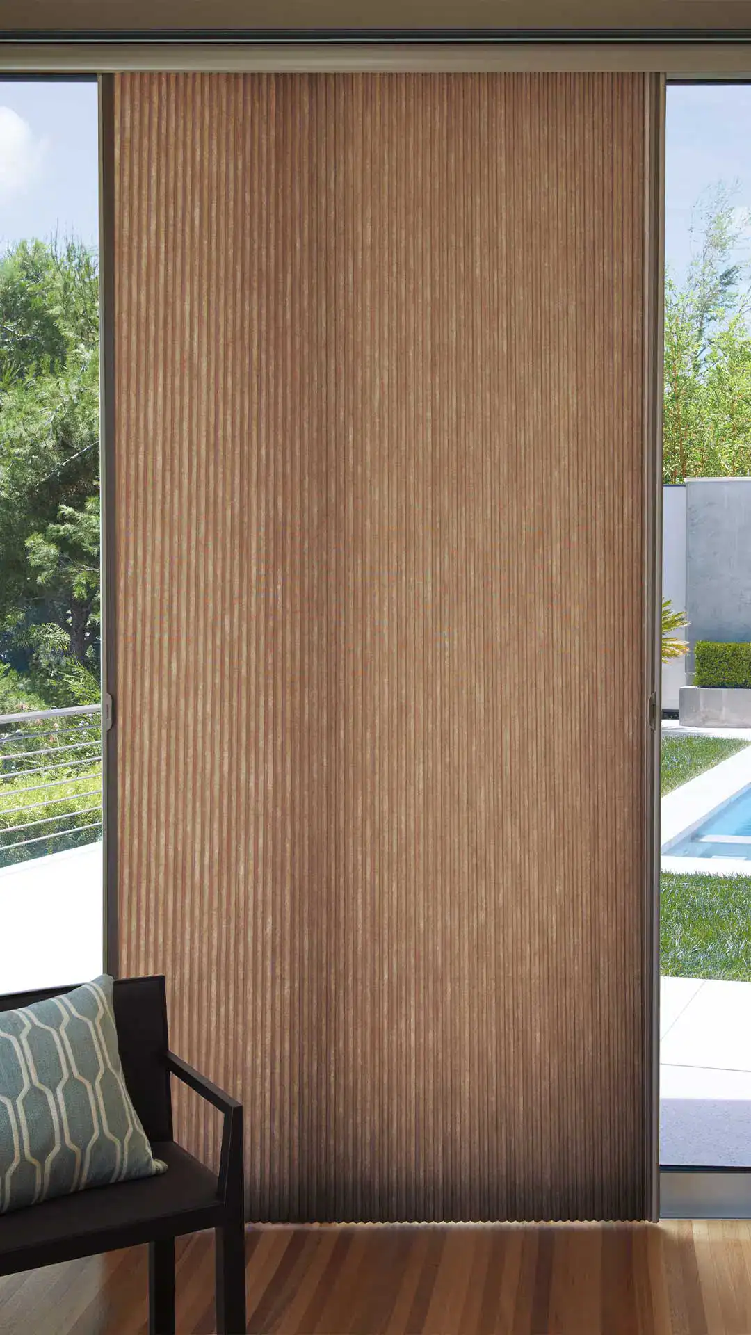 Wood vertical blinds for modern window treatment, enhancing home decor and providing adjustable light control. Perfect for living rooms, bedrooms, and office spaces.