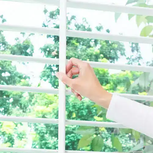Adjustable white window blinds controlling natural light and privacy.