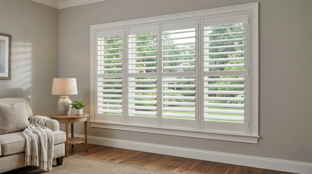 White plantation shutters in a bright room